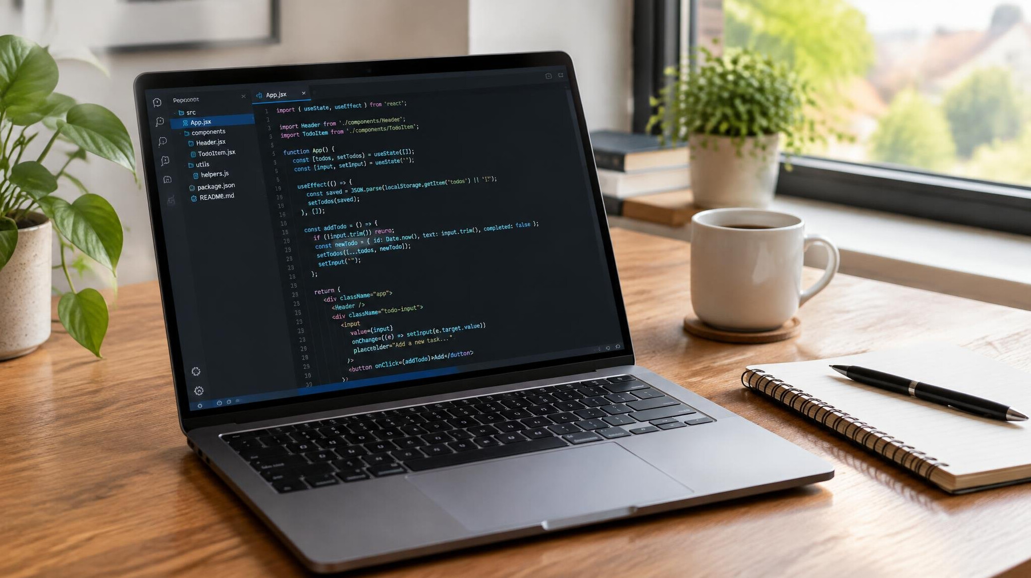 Laptop with code editor open on a desk