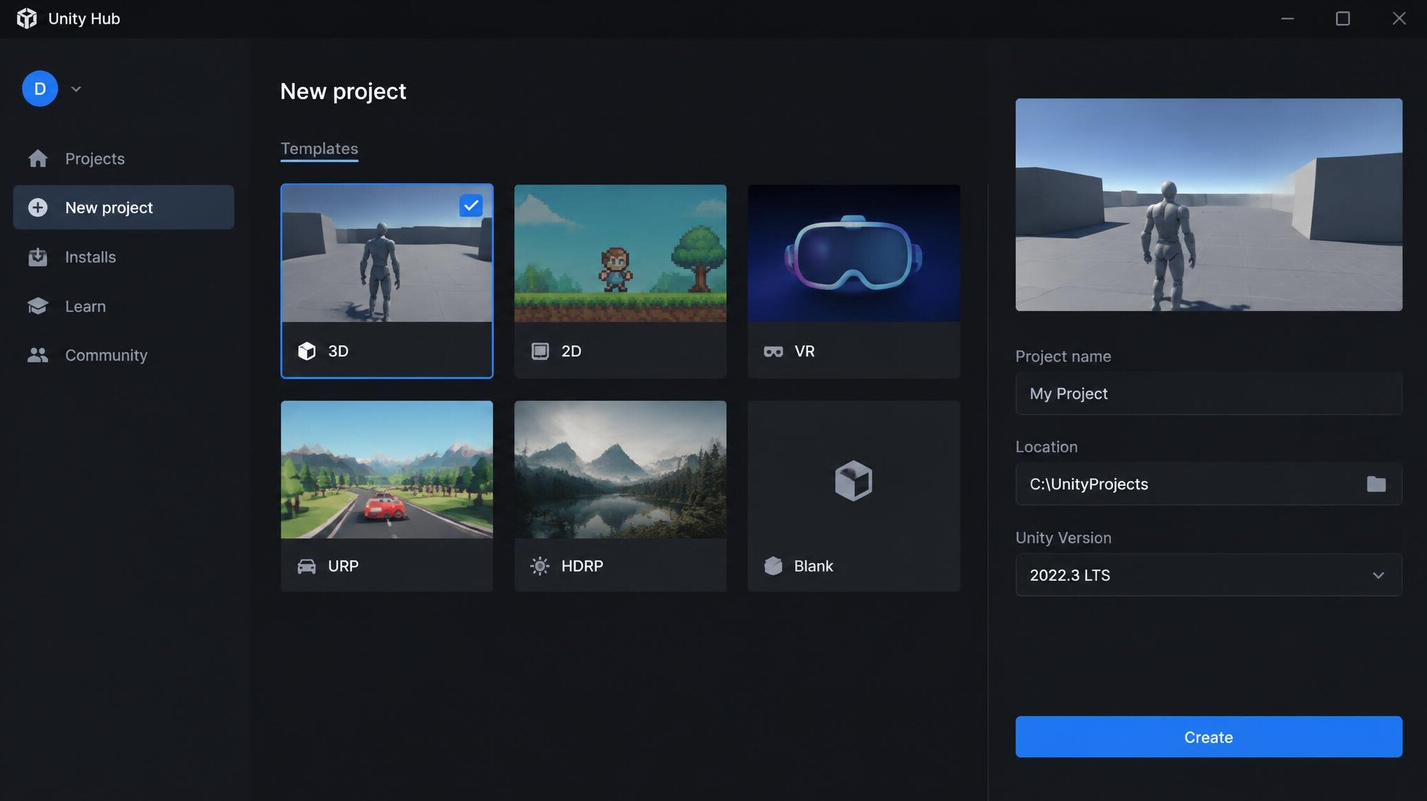 unity project creation screen
