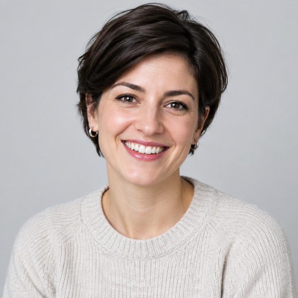Studio portrait of a smiling woman with short hair