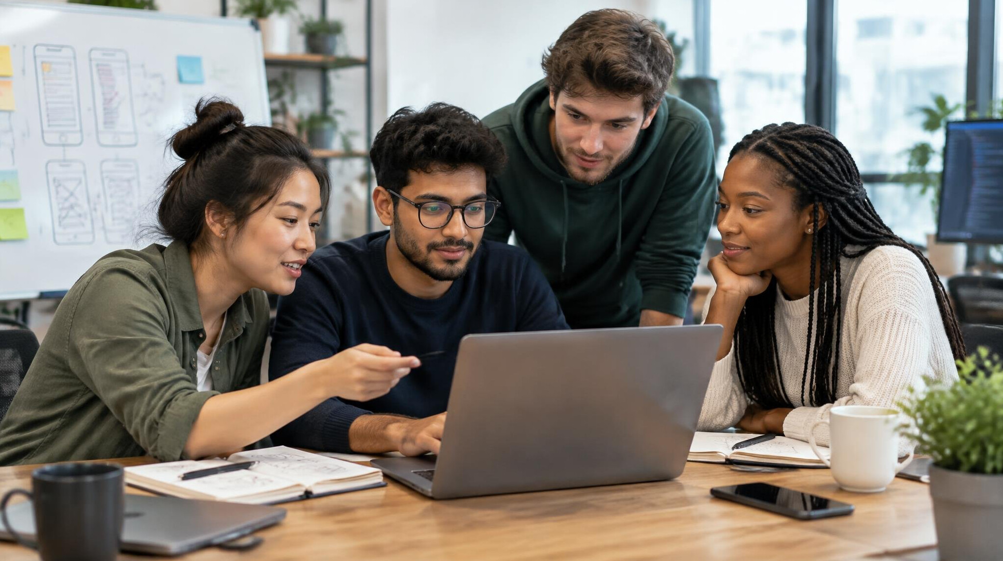 group of friends coding together